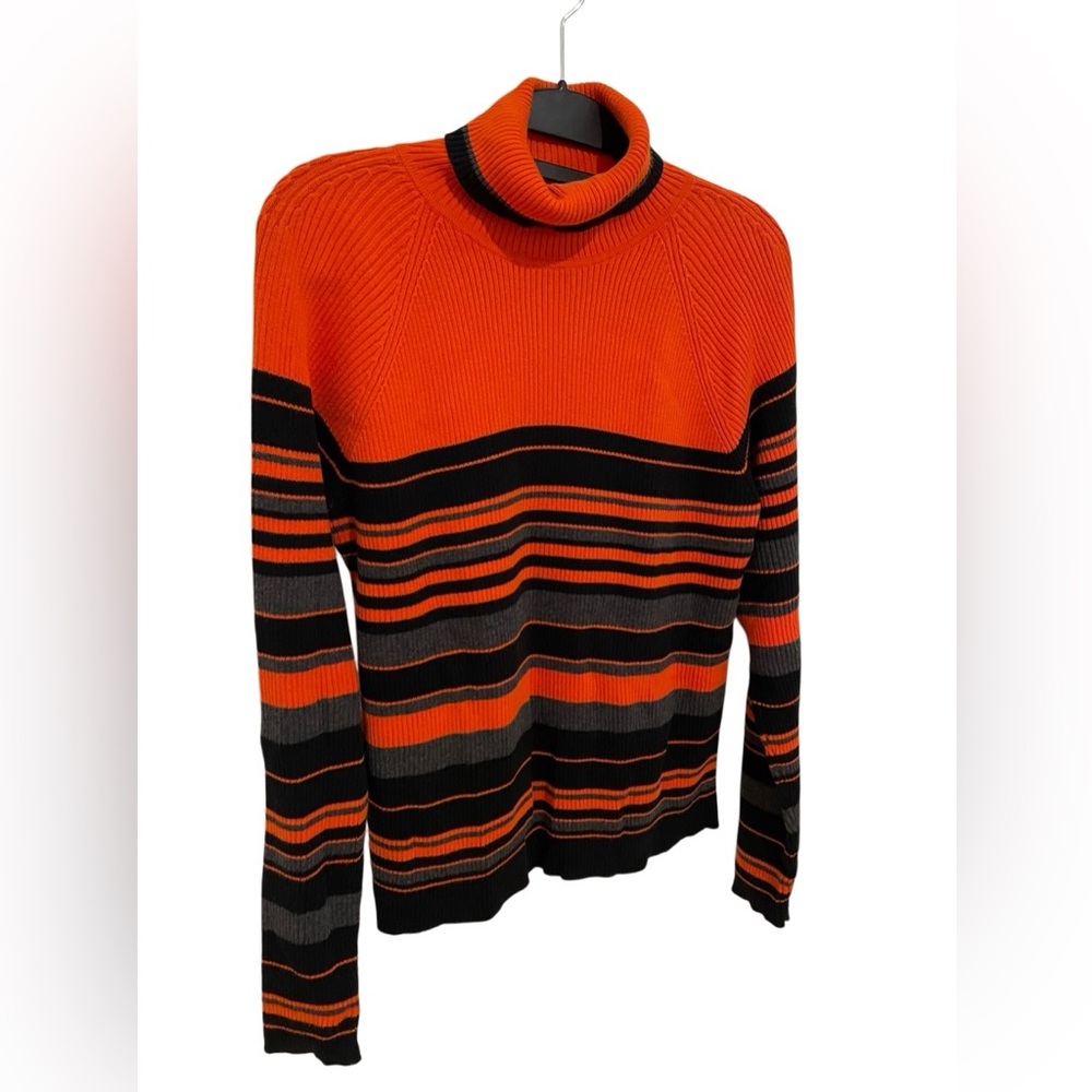 Vintage Striped Orange and Black Turtleneck Sweater 100% Cotton
